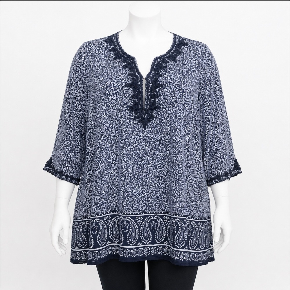 Anne Carson Woman Boho Cotton Tunic‎ Top 2X Crochet Trim 3/4 Sleeve Coastal Navy
